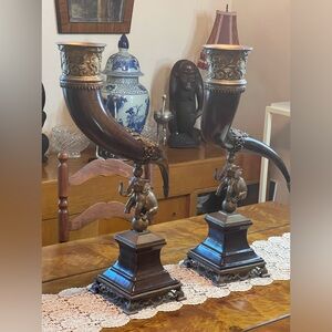 Mid 20th Century Castilian Ornamental Porcelain & Brass Elephant Horn Vases 26"